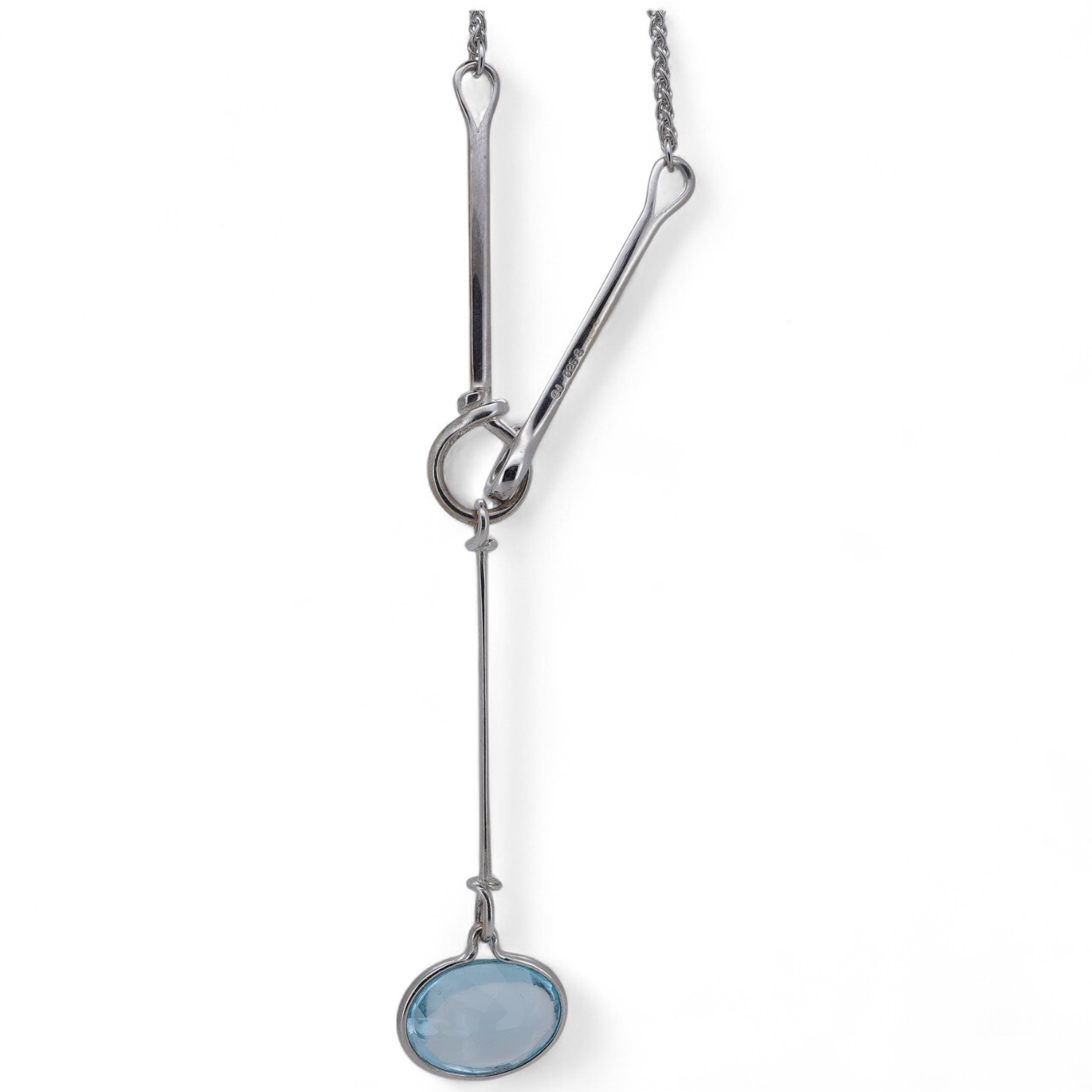 Georg Jensen, a blue topaz necklace, centring on a hook clasp suspending an oval blue topaz pendant, pendant length 5.5cm, necklace length 43cm, stamped GJ for Georg Jensen, 925S and European convention assay marks for s